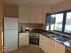 a kitchen with white cabinets and a white refrigerator at A Casa da Carmita in Pedrógão Grande