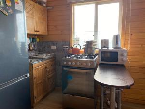 a kitchen with a stove and a microwave on a counter at Cabañas Aliwen in Castro