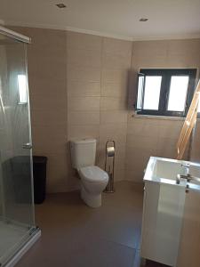 a bathroom with a toilet and a shower and a sink at A Casa da Carmita in Pedrógão Grande