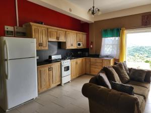 a kitchen with wooden cabinets and a white refrigerator at Nia's Hillside Apartment - Amazing Scenery in Grande Rivière