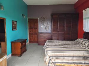 a bedroom with a bed and a wooden cabinet at Nia's Hillside Apartment - Amazing Scenery in Grande Rivière