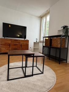a living room with a table and a tv at Basseltang urban apartment in Grenzach-Wyhlen +33 photos