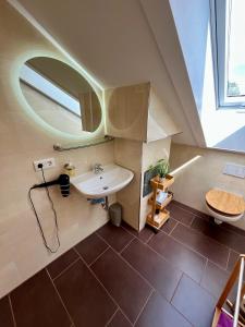 a bathroom with a sink and a mirror at FeWo Wipperhausen in Moos +23 photos
