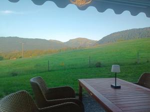 a table and chairs on a porch with a view of a field at Studio Apartment Hochgratflair in Oberstaufen