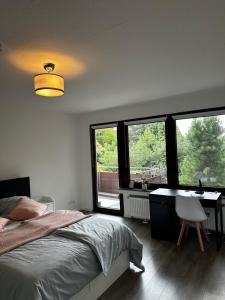 a bedroom with a bed and a desk and windows at Schönes Apartment 1,5 Zimmer mit Balkon in Frintrop Essen in Essen