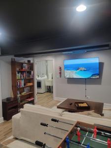 een woonkamer met een bank en een flatscreen-tv bij 6 bedroom! Pool Table, Gaming Area, Firepit & More in Joliet