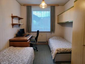 a room with two beds and a desk with a computer at Bergmann Apartment Veitsch in Niederaigen