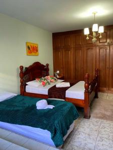 伊瓜苏Triana Guest House的一间有两张床和一盏枝形吊灯的卧室 更多31张照片