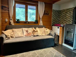 a couch in a living room with two dogs on it at Wasserfallhütte Saalbach in Saalbach-Hinterglemm