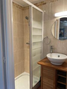 a bathroom with a shower and a sink at Appartement Des Lingots in Honfleur +3 photos
