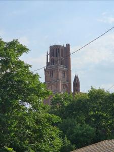 un edificio alto in lontananza con alberi in primo piano di Cité Episcopale proche cathédrale et passerelle ad Albi