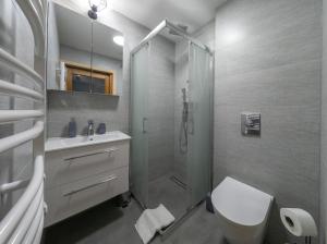 a bathroom with a shower and a toilet and a sink at Niedźwiedź nad Chochołowską in Witów +27 photos