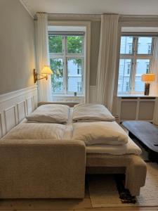 two beds in a room with two windows at Stylish Apartment with Rooftop in Trendy Vesterbro in Copenhagen