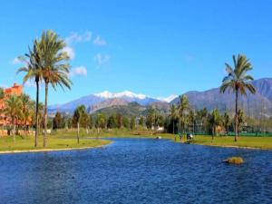a lake with palm trees and mountains in the background at Apartment in Motril near Los Moriscos Golf in Motril