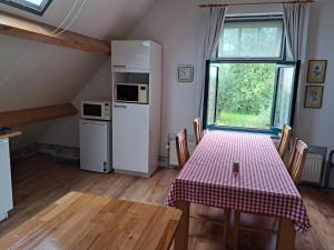a kitchen with a table with a red and white checkered table cloth at de Boomgaard Groene Hart in Polsbroekerdam