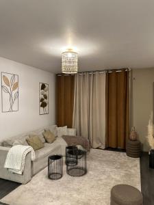 una sala de estar con un sofá y una mesa en Appartement luxueux avec jacuzzi, en Cergy
