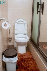 a bathroom with a toilet and a trash can at CARL's VILLA APARTMENTS in Accra