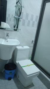 a bathroom with a white toilet and a sink at CARL's VILLA APARTMENTS in Accra