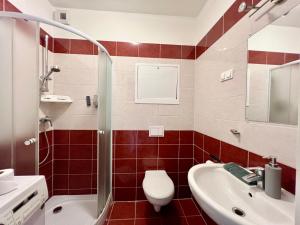 Un baño con inodoro, lavabo y ducha. en Budapest Citylink Aparthotel, en Budapest
