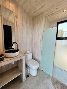 a bathroom with a toilet and a sink at Cabaña quebrada Vista Increíble, Tinaja y WiFi in Cobquecura