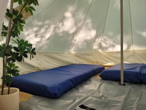 a tent with two large blue pillows in it at Gibsons Creek RV Resort and Campground in Gibsons
