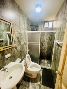 a bathroom with a sink and a toilet and a shower at Dulce & Guanábana suite House in Canoa