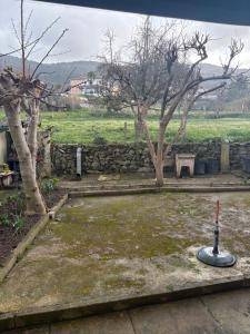 a garden with a stone wall and a bench and trees at Bem Estar in Chaves