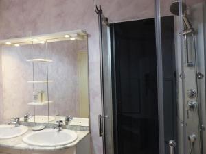 bagno con 2 lavandini e doccia con specchio di Charmant gîte nature 2 chambres, rando GRP, près de Montluçon, cour commune - FR-1-489-418 a Saint-Palais