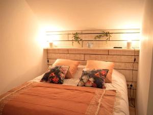 una camera da letto con un letto con due cuscini sopra di Loft cosy avec piscine et spa, à 10 min de Vichy, proche golf et nature - FR-1-489-337 a Cognat-Lyonne