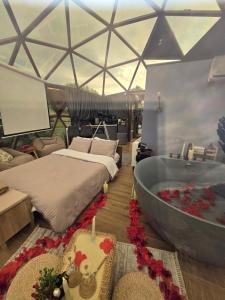 a bedroom with a bed and a bath tub at Bubble Sky Villas Kosove in Ferizaj +137 photos