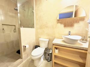 a bathroom with a toilet and a sink and a mirror at Mueganos 1 en ValQuirico in Santeagueda +22 photos