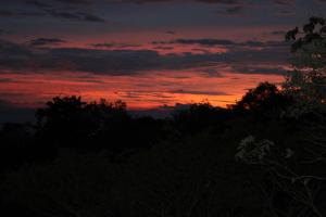 un tramonto nel cielo con alberi in primo piano di mountain cabin with private waterfall and river a Monteverde Costa Rica