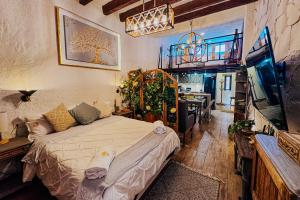 a bedroom with a bed and a tv and a table at Loft Iduri en ValQuirico in Santeagueda