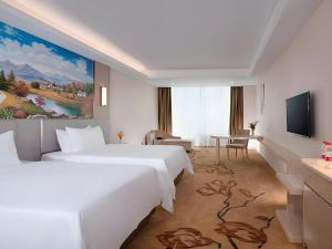 pokój hotelowy z dwoma łóżkami i telewizorem w obiekcie Vienna Hotel Guangdong Huizhou High-Speed North Railway Station Xiaojinkou w mieście Huizhou