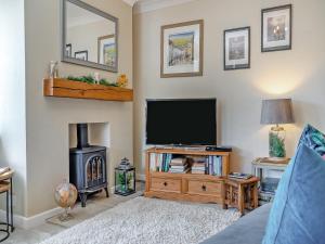 ein Wohnzimmer mit Fernseher und Holzofen in der Unterkunft Halfehill Cottage in Richmond