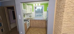 a kitchen with green walls and wooden cabinets and a window at Dom u Janusza nad jeziorem Białym in Gostynin