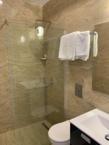 a bathroom with a shower with a toilet and a sink at REZEVICI BOUTIQUE VILLA in Petrovac na Moru