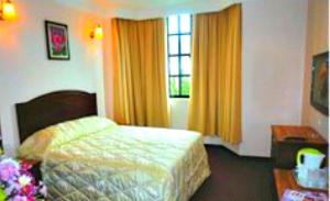 Habitación de hotel con cama y ventana en Hotel Remix en Cameron Highlands