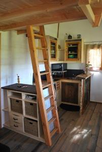 a kitchen with a ladder in the middle of a room at L'Etournelle - Cabane Perchée in Chaussan