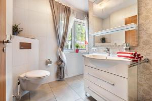 a bathroom with a sink and a toilet and a window at Traumhaus Whirlpool Sauna Grill in Hamburg +22 photos