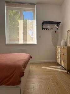 ein Schlafzimmer mit einem Bett, einem Fenster und einer Kommode in der Unterkunft Le 325 Appartement de qualité avec terrasse in Béthune + 3 Fotos