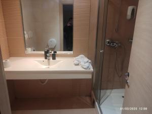 a bathroom with a sink and a mirror and a shower at Red apartament in Bucharest