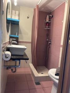 a bathroom with a shower and a sink and a toilet at AEGEAN view ! in Kavála +18 photos