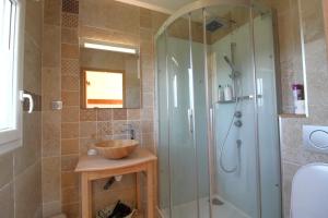 Un baño con lavabo y ducha con lavabo. en Gîte de groupe Le Clos du Sapin Bleu à Saint-Dié-des-Vosges, Nature&Convivialité, en Saint-Dié-des-Vosges 18 fotos más