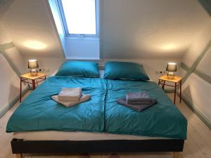 1 dormitorio con 1 cama con sábanas azules y 2 lámparas en Ferienhaus Rhönmantisch - Landleben und Stille, en Brembach 21 fotos más
