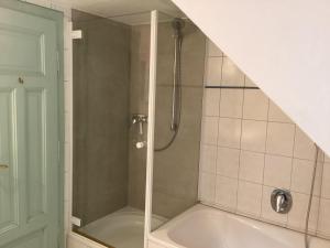 un baño con ducha y bañera en Ferienhaus Rhönmantisch - Landleben und Stille, en Brembach