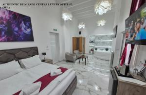 Authentic Belgrade Centre - New Year 2026 - Suites and large Apartments for Groups - Up to 63 Guests in one Building في بلغراد: غرفة نوم مع سرير وحمام مع حوض استحمام +14 صورة