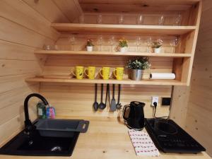 a kitchen with a sink in a tiny house at Hope Mountain Escape Poland, Charming Barrel House in Szczawa