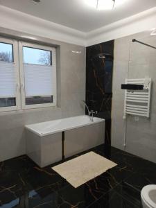 a bathroom with a tub and a toilet and a window at Noclegi u Zosi 