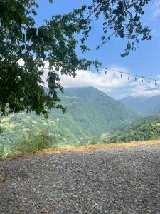 a mountain road with a view of a mountain range at Panoramic Wood Cabin in Itʼkhvisi